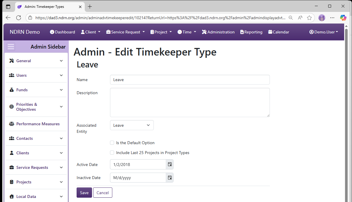 Screenshot of Time Timekeeper Types Form