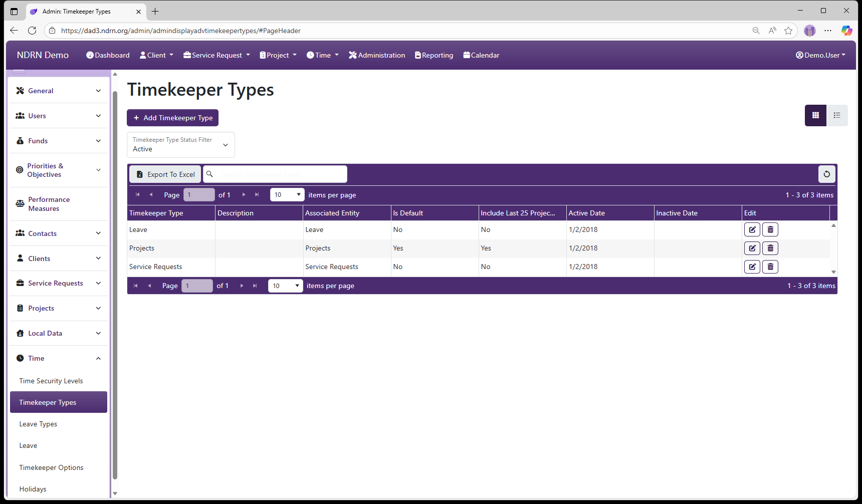 Timekeeper Types admin page screenshot