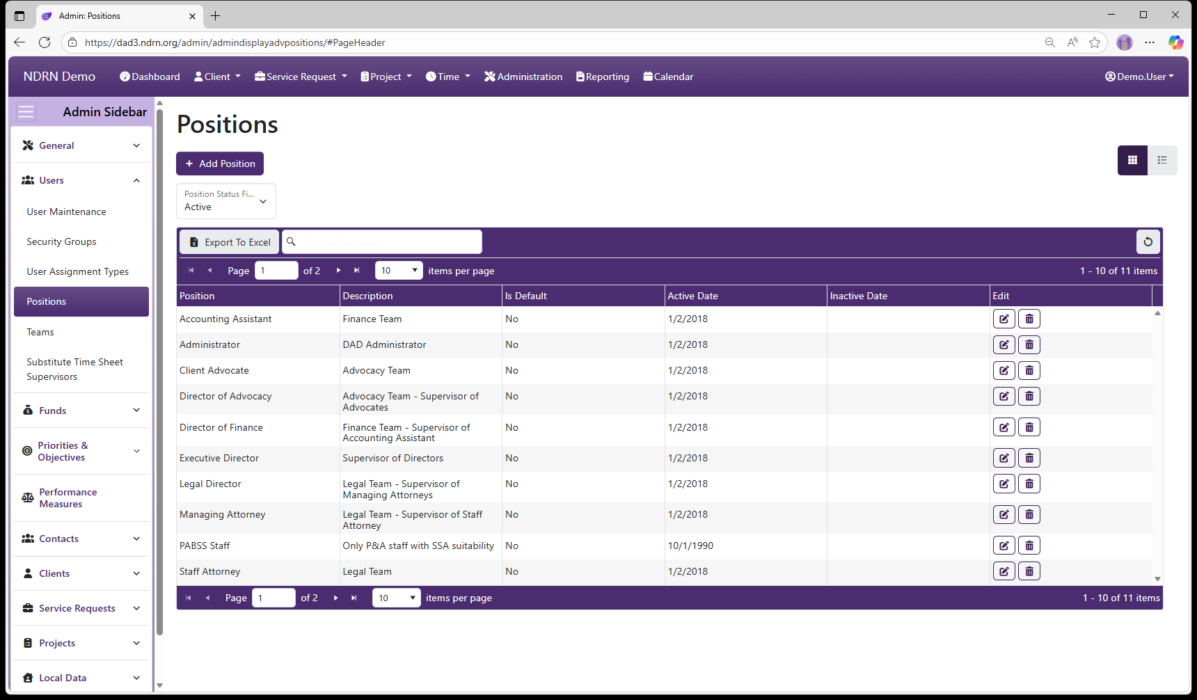 Positions admin page screenshot