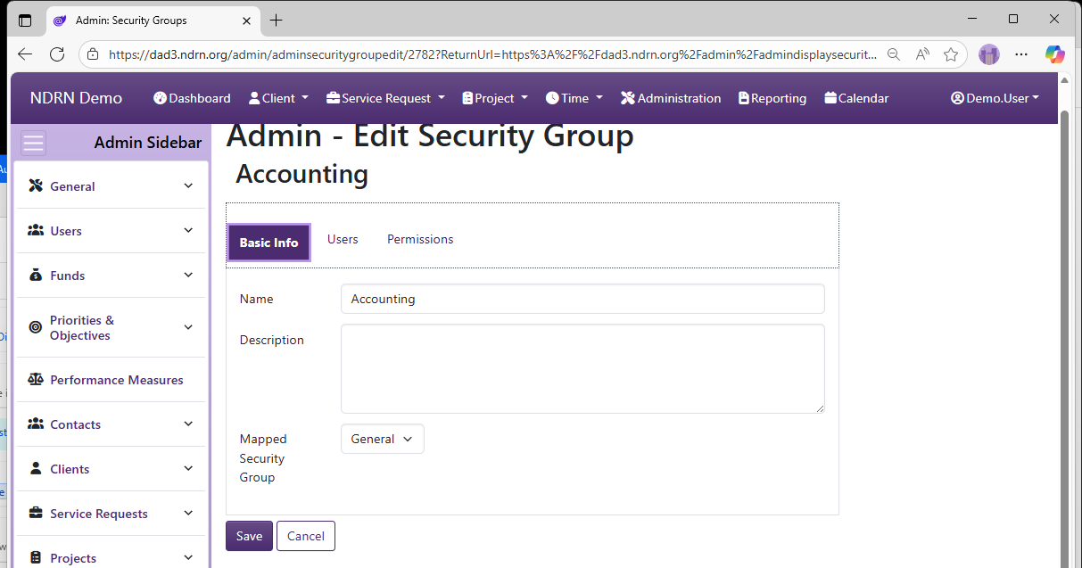 Screenshot of Users Security Groups Form Basic Info tab