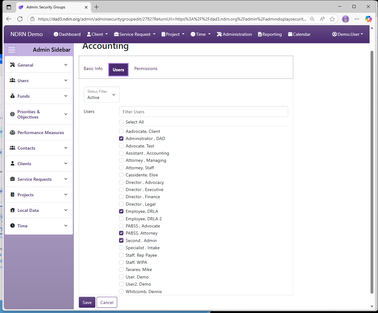 Screenshot of Users Security Groups Form Users tab