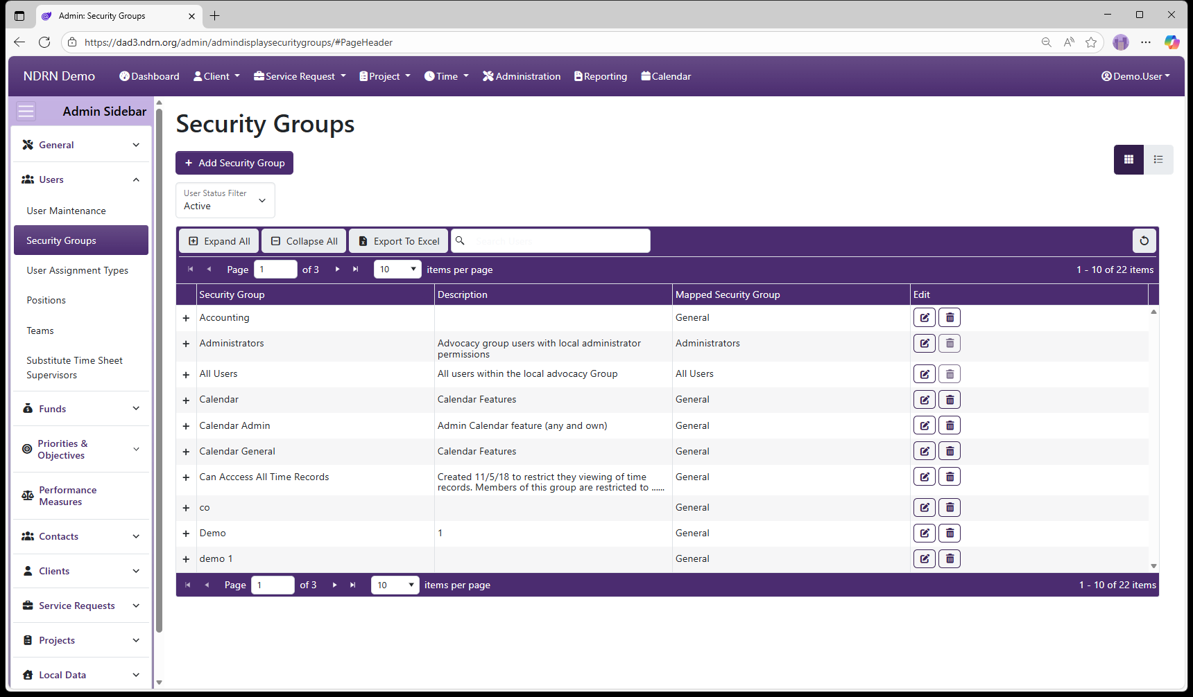 Security Groups admin page screenshot