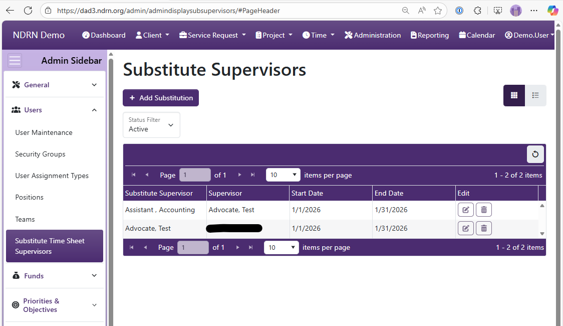 Substitute Time Sheet Supervisors admin page screenshot