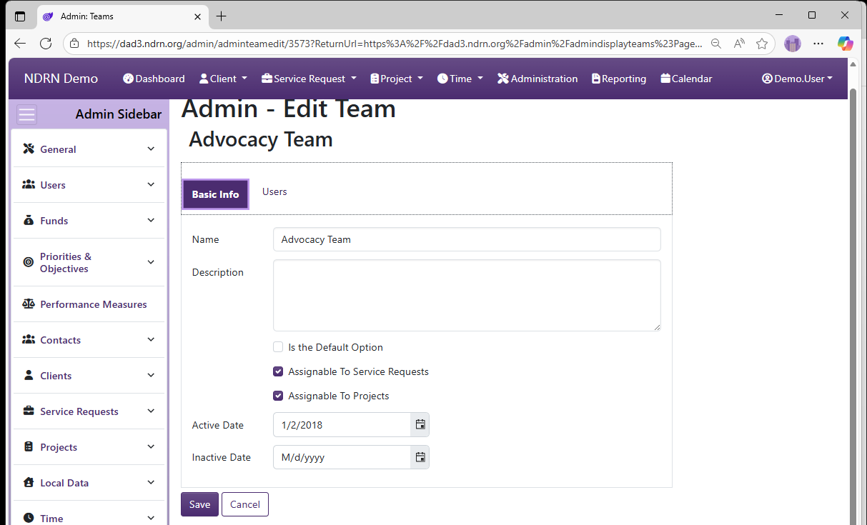 Screenshot of Users Teams Form Basic Info tab