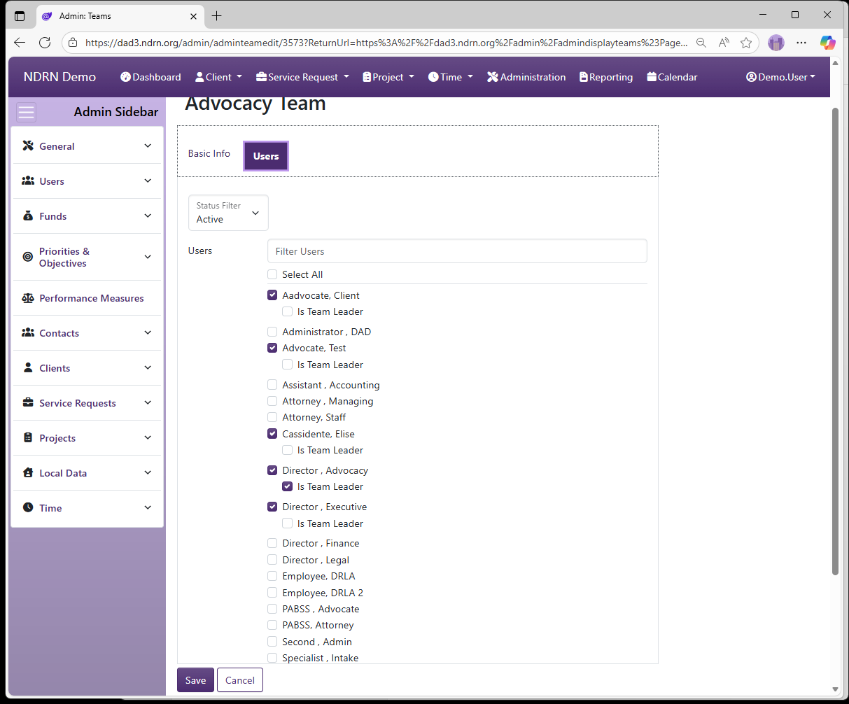Screenshot of Users Teams Form Users tab