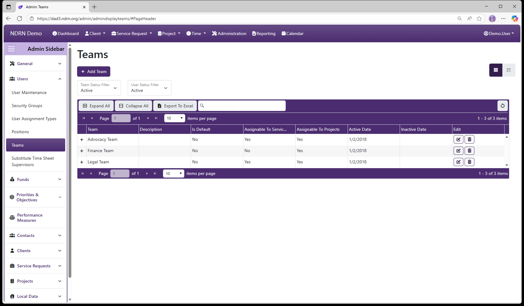 Teams admin page screenshot