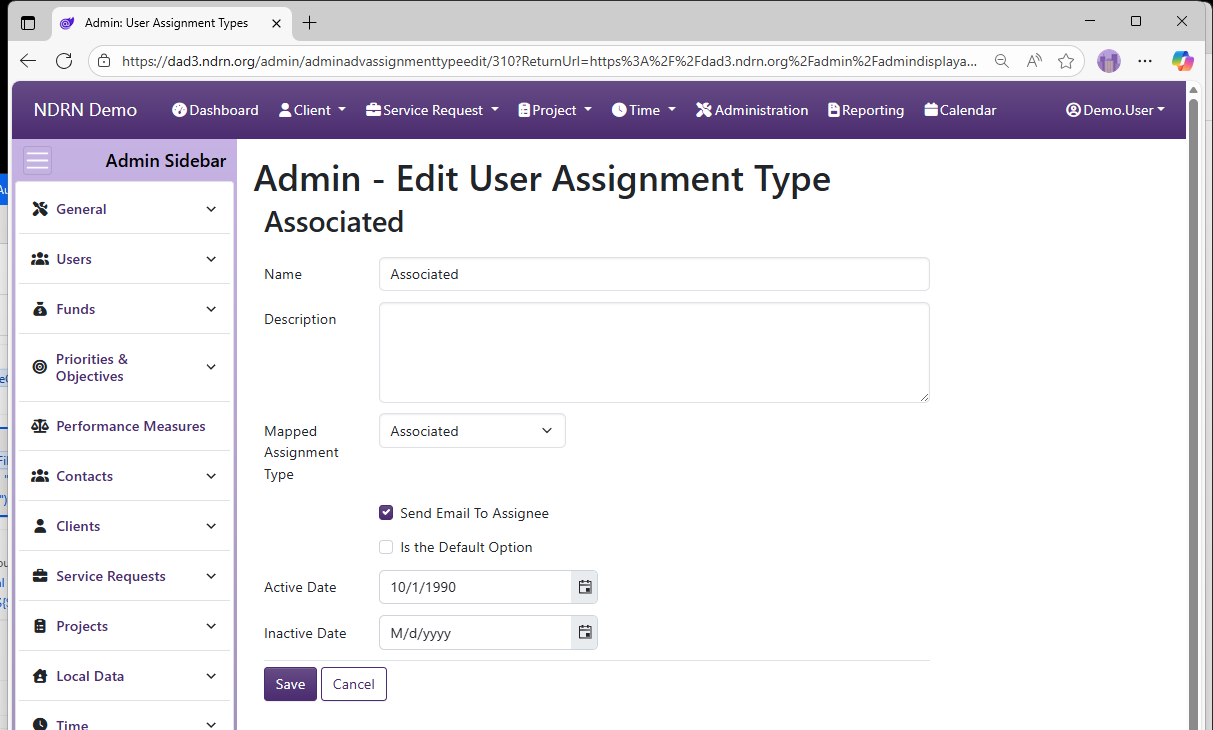 Screenshot of Users User Assignment Types Form