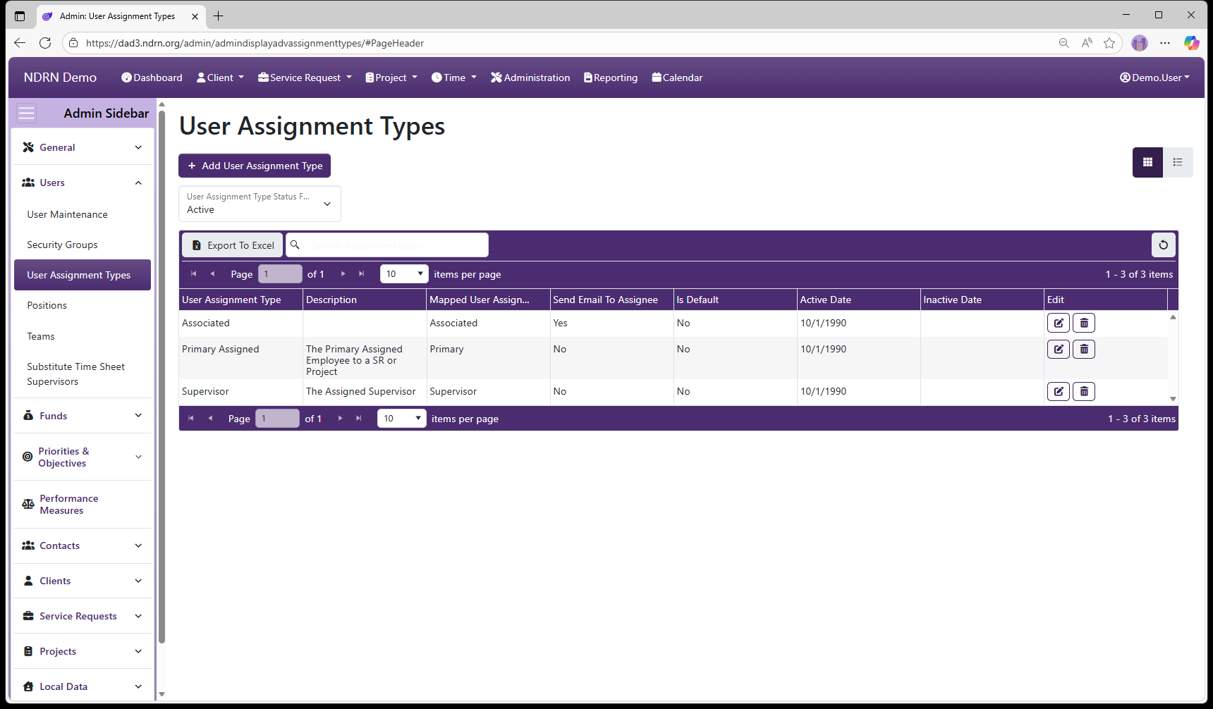 User Assignment Types admin page screenshot