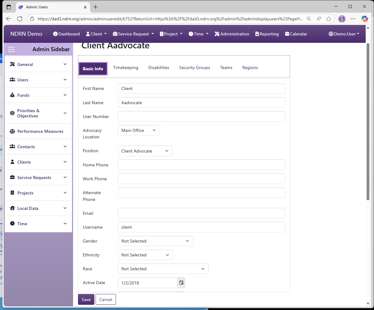 Screenshot of User Maintenance Form Basic Info tab