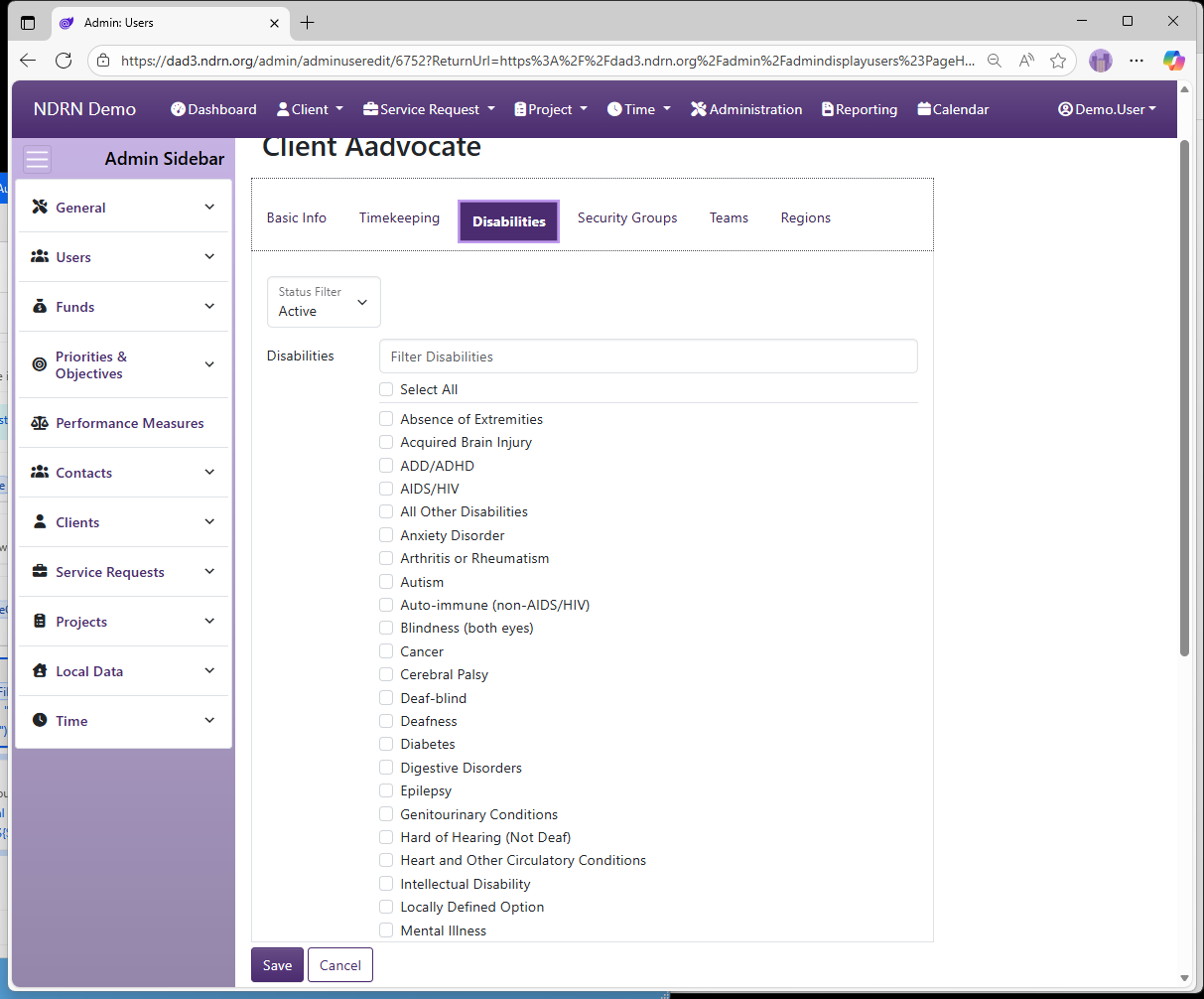 Screenshot of Users User Maintenance Form Disabilities tab