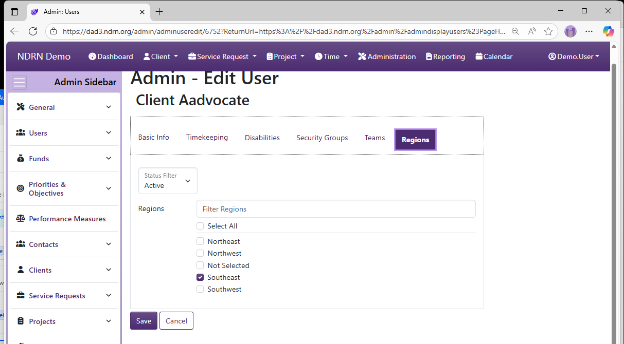 Screenshot of Users User Maintenance Form Regions tab