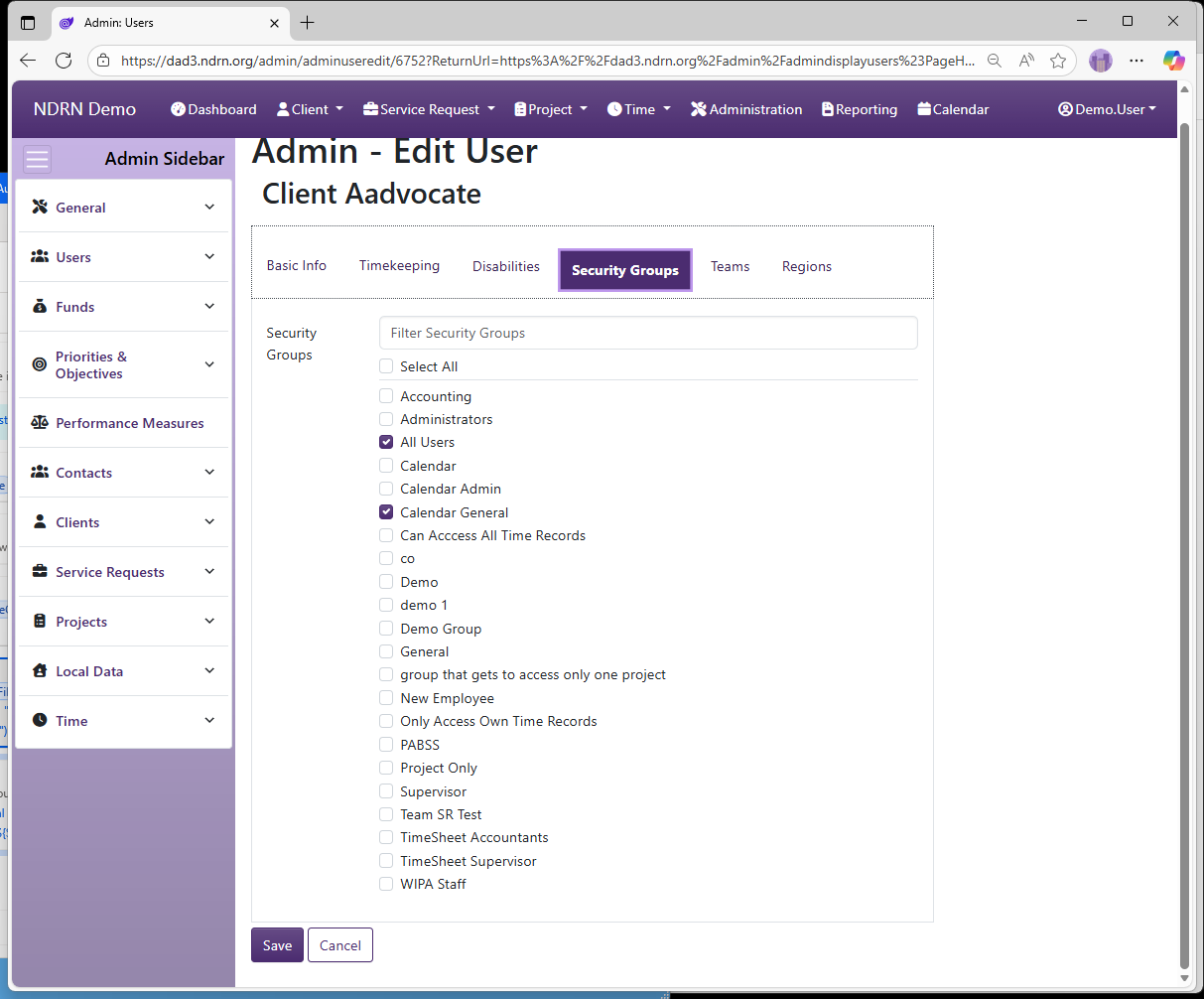 Screenshot of Users User Maintenance Form Security Groups tab