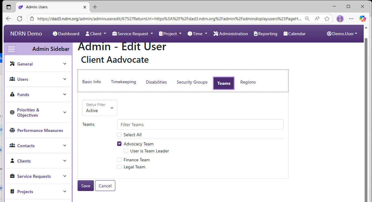 Screenshot of Users User Maintenance Form Teams tab