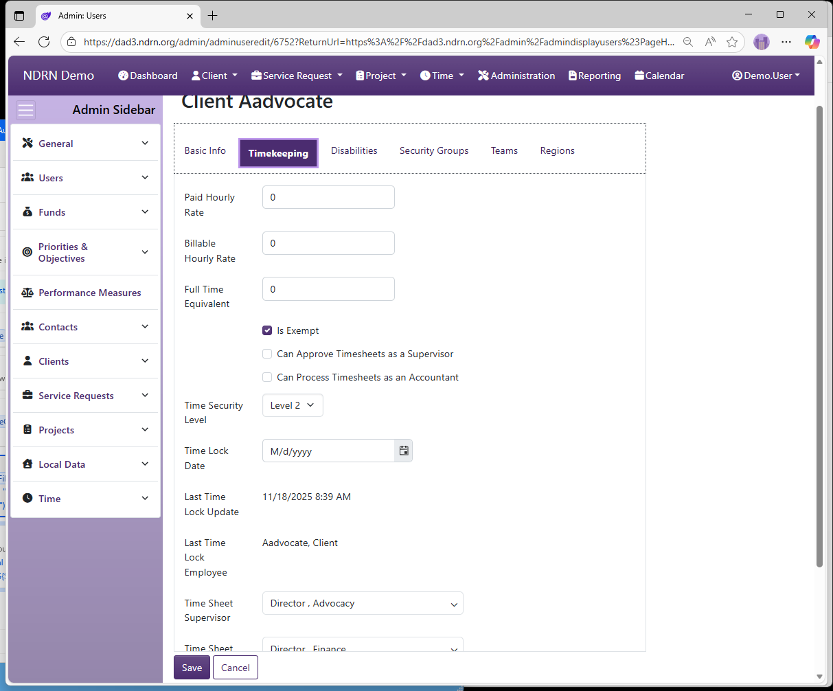 Screenshot of Users User Maintenance Form Timekeeping tab