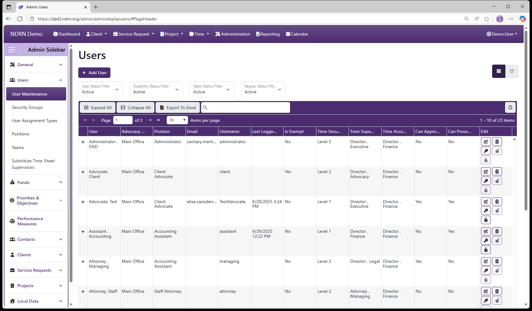 User Maintenance admin page screenshot